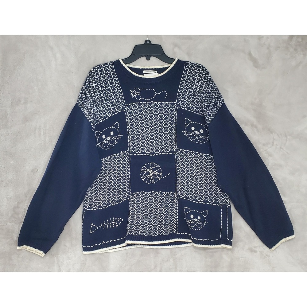 Vtg Christopher‎ & Banks Sweater Womens XL Hand Embroidered Kitty Cat Navy EUC